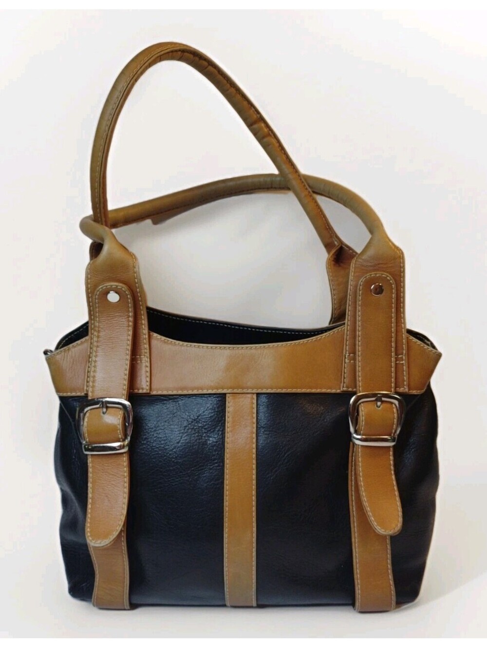 Genuine Leather Shoulder Tote Bag Black Tan Y2K Buckle Satchel Work Office Purse